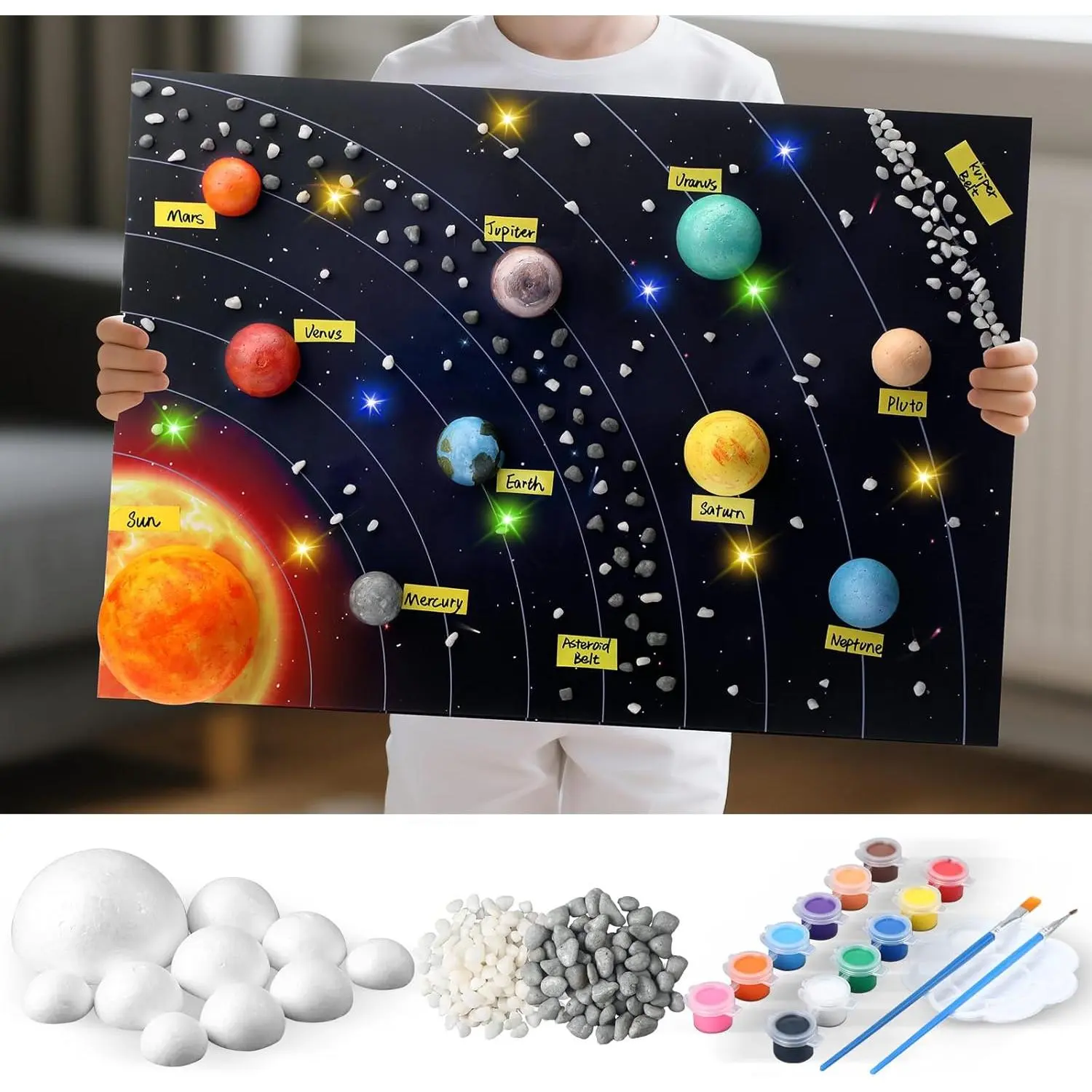 LED Solar System Model Kit, 11x31in High Density Polystyrene Foam Balls, Craft Supplies, Vibrant Pigments, Brushes, 8+ Years Kids Safe Toy, Easy-Assemble DIY Science Learning Craft for Classroom Displays