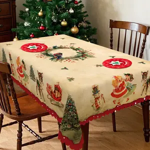 PLUMLIK Christmas Tablecloth,  Round Rectangle Table Decor, Snowman And Christmas Garland Pattern , Polyester Waterproof Tablecloth, Christmas Party Decoration For Dining Room Holiday Party, Kitchen Home