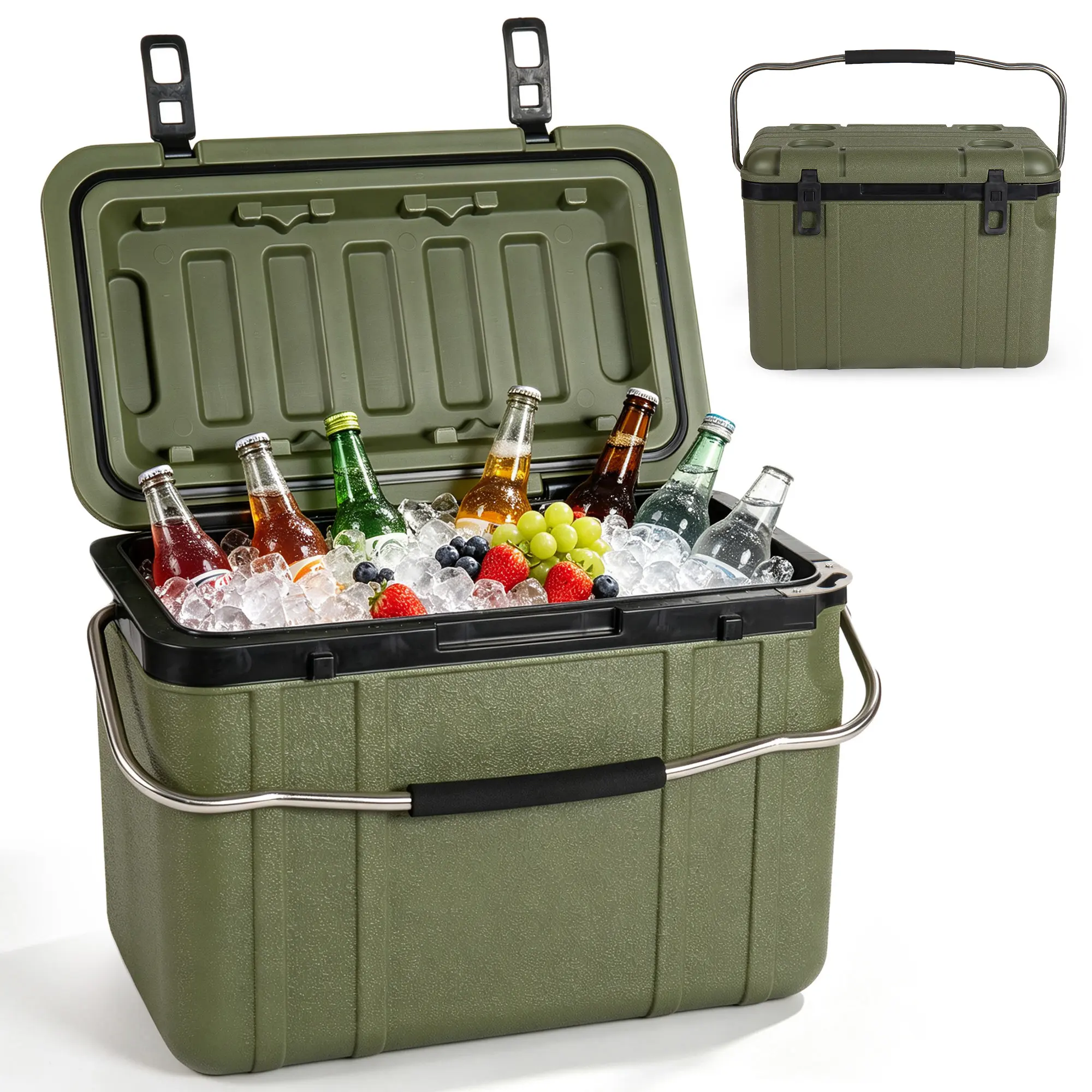 25 Qt Green Hard Cooler Ice Chest, Ultra-Light Hard-Shell with 5-7-Day Ice Retention, Built-in Bottle Opener, Cup Holder & Forming Ruler for Camping, Tailgating & Outdoor Adventures