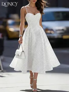 Women's Summer New Polka Dot Heart Neckline Ruffle Back Long Dress, Fashion Elegant Versatile Dress for Outing, Date, Party, Dinner, Casual