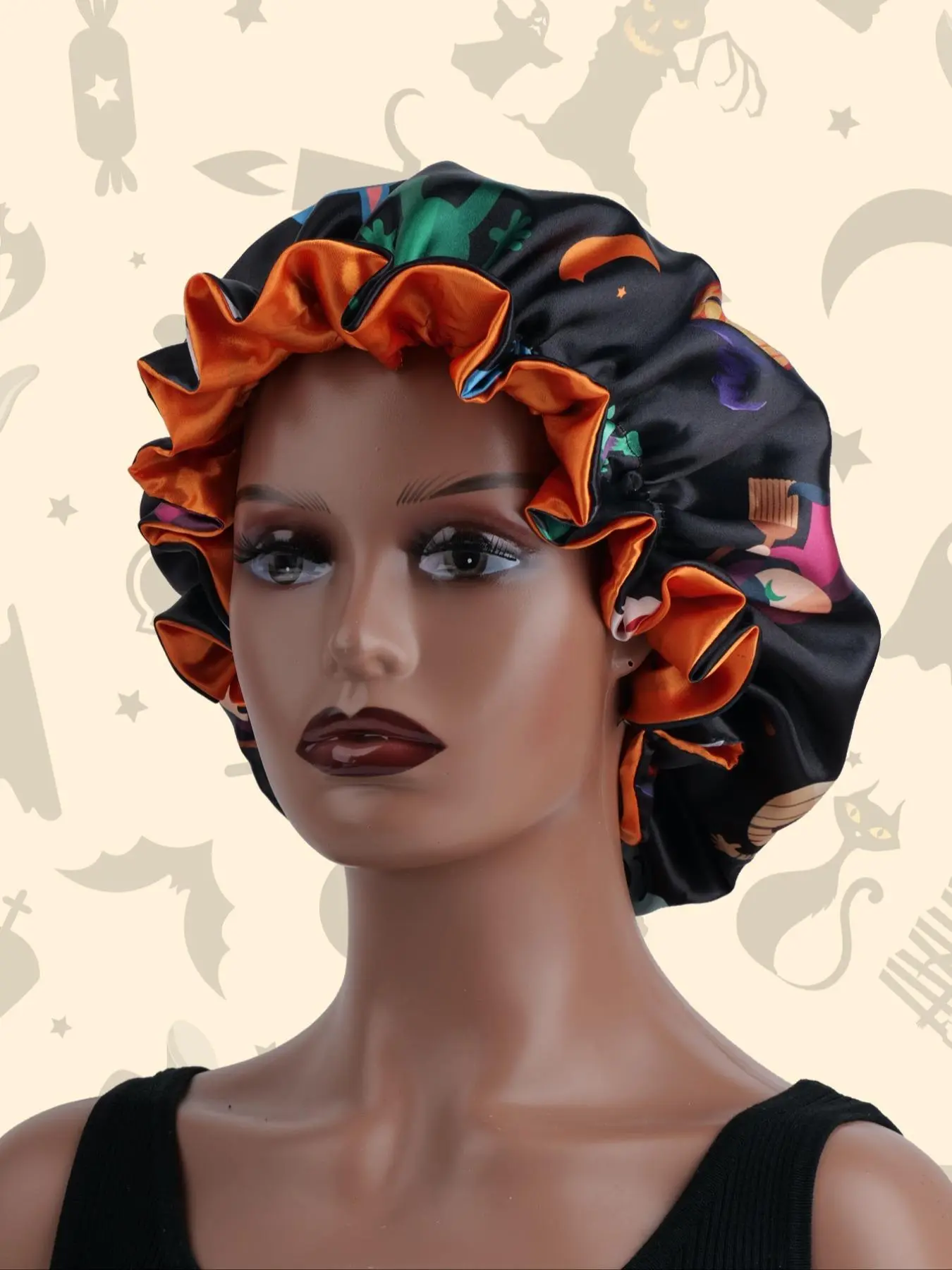 Double Sided Sleeping Bonnet, Halloween Themed Ruched Design Sleeping Bonnet, Fashion Accessories for Women & Girls, Sleeping Cap, Elastic Hair Bonnet, Reversible Hair Bonnet, Bonnets for Sleeping