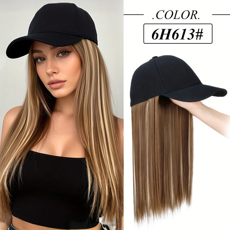 Women's synthetic hat wig, long straight black hair, baseball cap with hair attachment, stylish and convenient all-in-one design.
