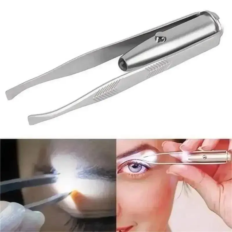 1pc Portable Stainless Steel Cross-Striation Tweezers, LED Light 3-Button Battery-Powered Tool with Push-Button On/Off Switch, Festive Party Supplies Gift for Home Use (With Batteries Included)