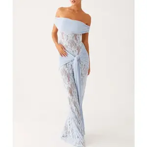 Women’s Long Evening Dress, Short Sleeve, Off-Shoulder, Strapless, Lace Knot Detail
