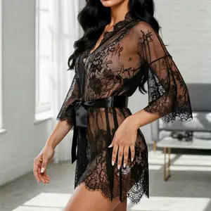 Short Black Lace Lingerie Robe Cardigan with Panty, Wear Over Lingerie, No bra is included