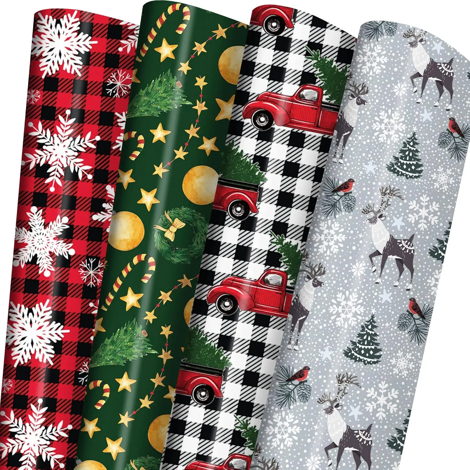 Glossy Christmas Wrapping Paper Jumbo Set - 6 Sheets (28×40 in) for Men, Red & Black Plaid (Tartan) Truck, Black & White Plaid (Tartan) Striped Elk, Easy-to-Store Office Stationery Gift Wrapping Supplies, Glossy Paper