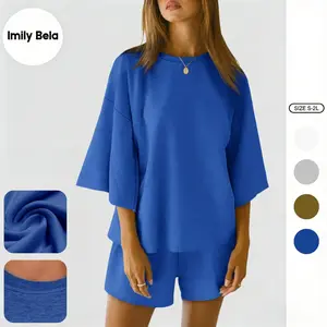 Imily Bela Womens 2 Piece Outfits 3/4 Sleeve Tops and Elastic Waist Shorts Lounge Sets Loungewear