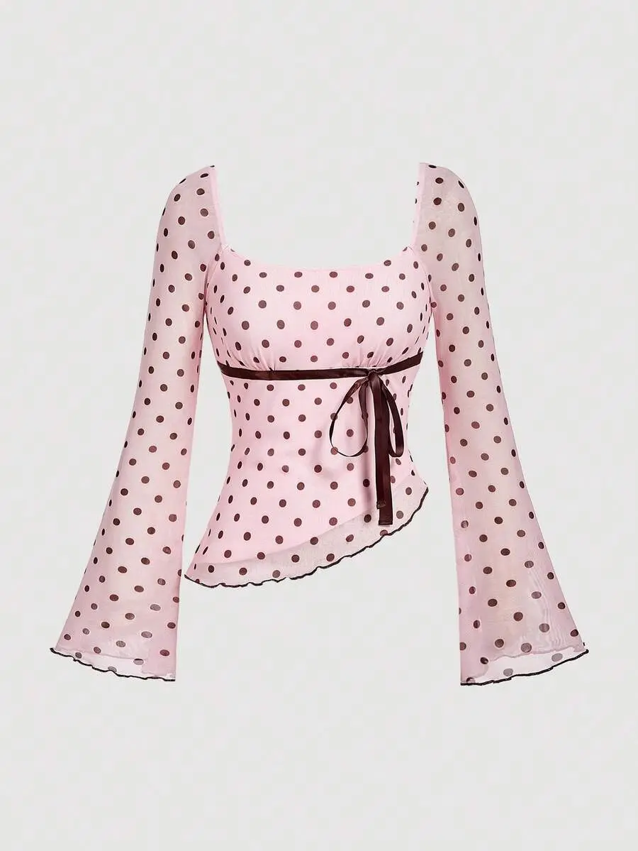 Roam x MOD Women's Sweet Asymmetric Hem Polka Dot Flare Sleeve Bow Mesh T-Shirt, Polka Dot Top, Pink Top