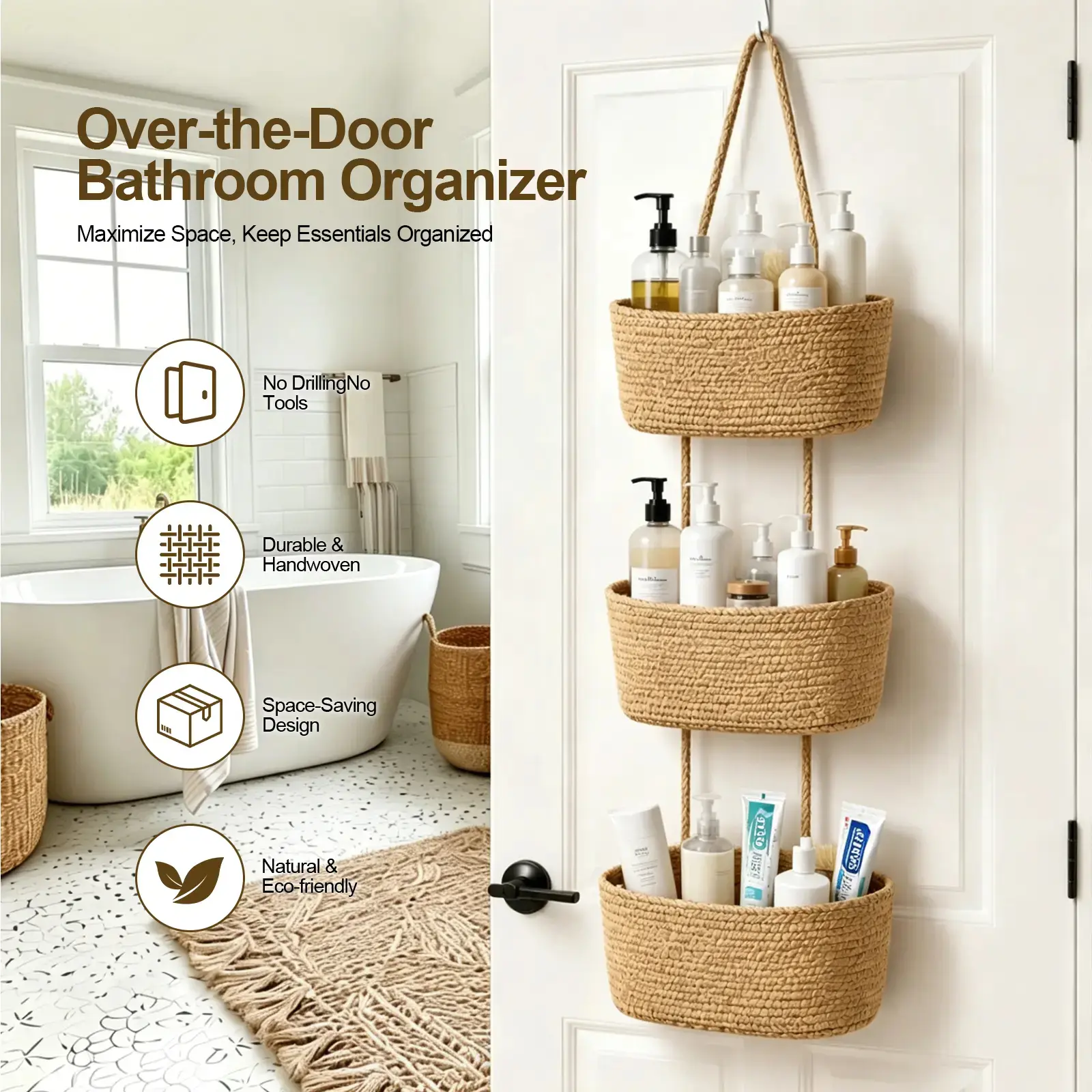 【Handmade】Hanging Over the Door Organizer, 3-Tier Woven Cotton Basket, Wall-Mounted Storage Bag,Decorative Nursery Baskets, Small Storage Basket, Perfect for Busy Mom/Dad to Store Diapers & Toys small basket Gift Hook laundry basket house organizers