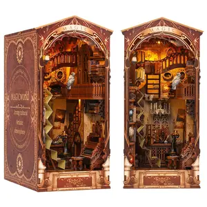 Magic World Book Nook with LED Light, Handmade Assembled DIY Miniature House, Wooden House Kit Adults, 3D Model Book Stand for Bookshelf Decor, Desktop Model Toy Gifts for Family and Friends