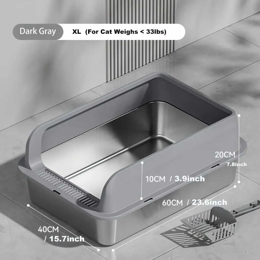 Stainless Steel Litter Box - XXL Enclosed High-Sided Metal Pan, Odor-Resistant, Leak-Proof, Easy Cleaning, Odor Control Litter Boxes for Multiple Cats, Includes Scoop