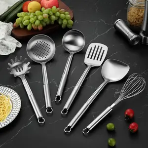 6PCS Stainless Steel Kitchen Tools, Including Metal Cooking Utensils That Are Heat Resistant, Featuring Spatulas, a Serving Spoon, a Ladle, a Skimmer, And a Pasta Server