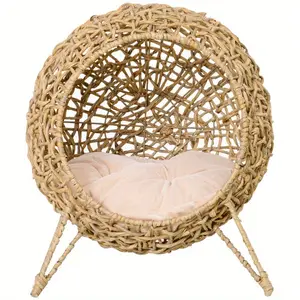 Cat House Rattan Wicker Cat Bed with Cushion Hyacinth Cat Condo Elevated Enclosed Cat Pod Structure Cozy Cat House