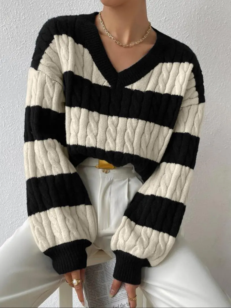 Colorblock Print Textured Drop Shoulder Sweater Pullover, Casual Long Sleeve V Neck Jumper for Fall & Winter, Women's Plus Clothing for Daily Wear