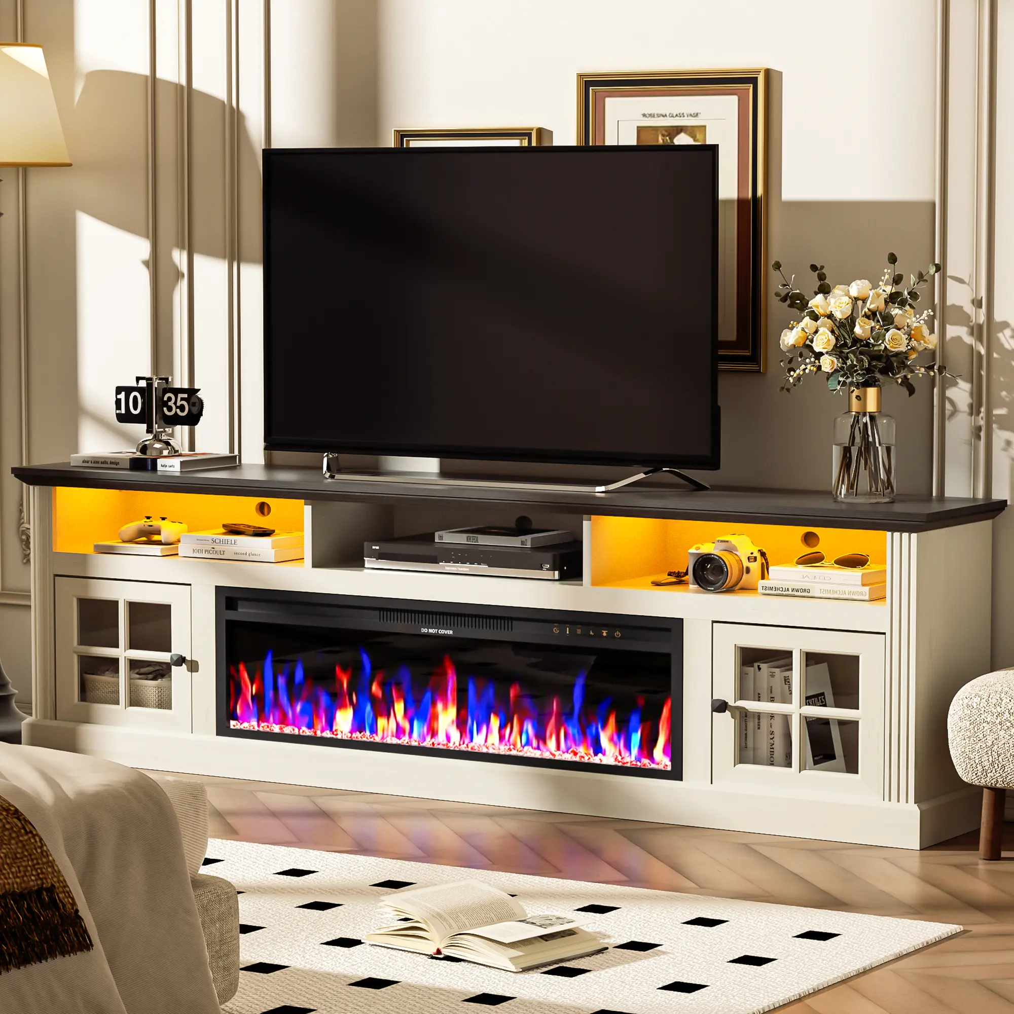 【2 Packages Shipping】Spurgehom Farmhouse Fireplace TV Stand 70" for TVs Up to 80", Media Console Table with 36" Electric Fireplace, Storage Cabinets and LED Lights, Entertainment Center for Living Room homeessentials