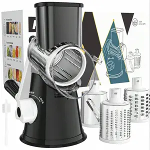 Rotating Cheese Grater and Vegetable Slicer, Kitchen Mandolin with 3 Interchangeable Blades, Easy to Clean, Suitable for Fruits, Potatoes, Carrots, Nuts, Rotary Cheese Grater