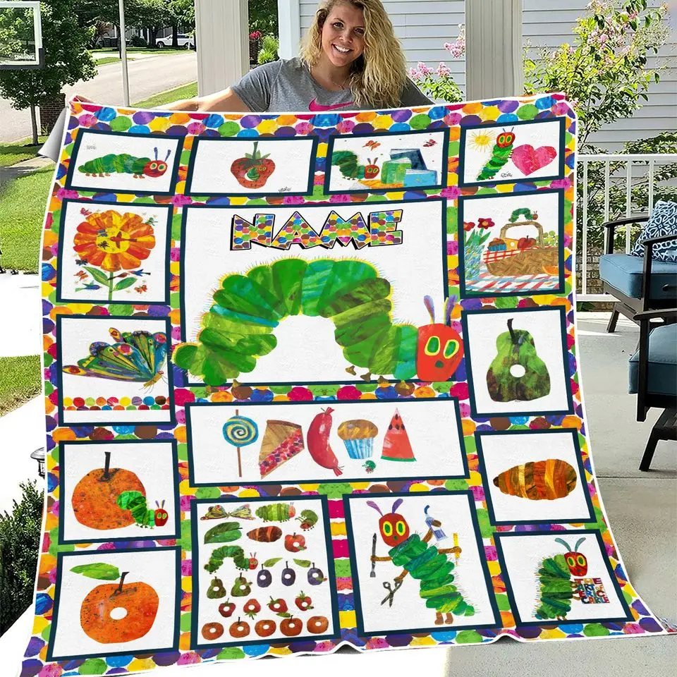 Custom Hungry Caterpillar Flannel Blanket for Kids | Personalized Soft Cozy Warm Autumn Christmas Thanksgiving Family Love Present Bedspread Room Decor