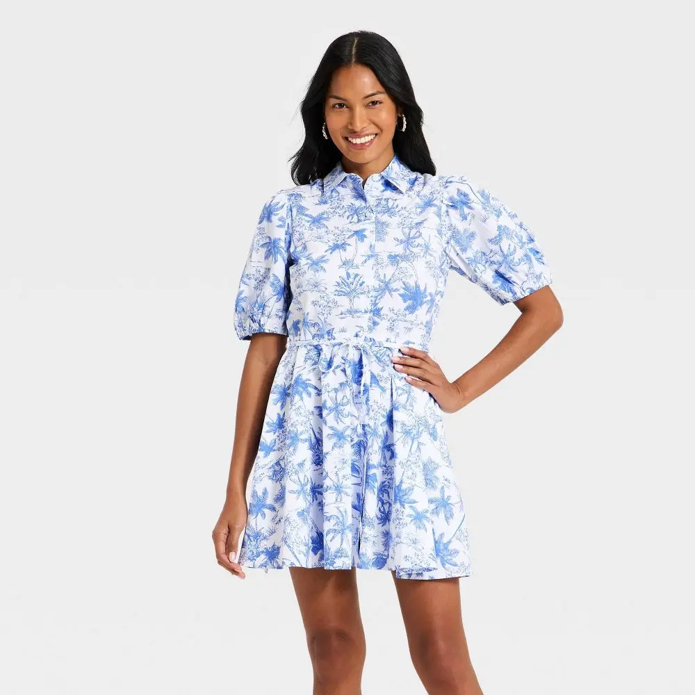 Women's Collared Puff Sleeve Mini Shirtdress Garment - Button-Front, Lightweight Casual Dress