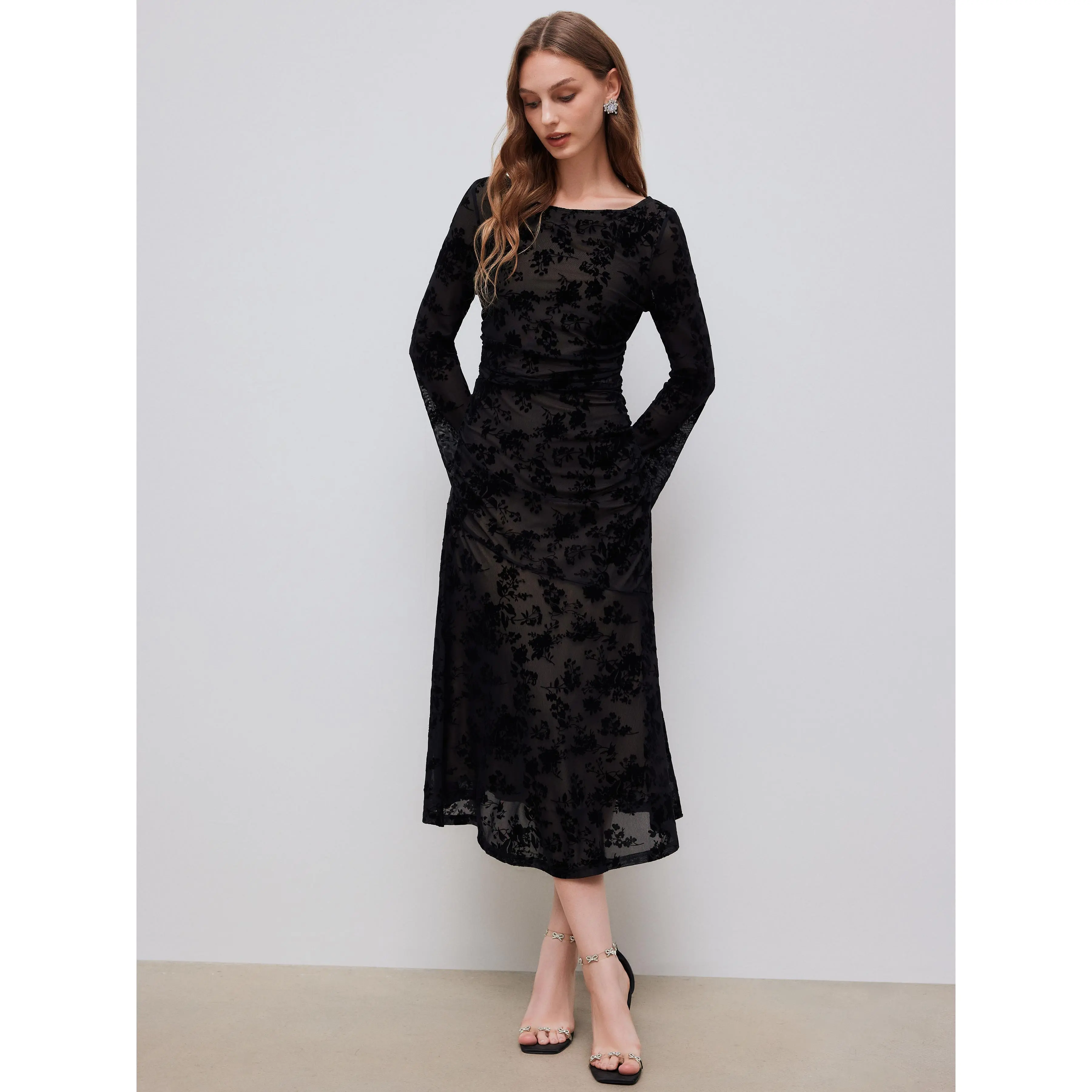Cider Women's Elegant Mesh Boat Neck Floral Ruched Long-Sleeve Maxi Dress - Elastane, Normal Fit, 2 Colors, Sizes 0-10, Going Out, Cruise OOTD