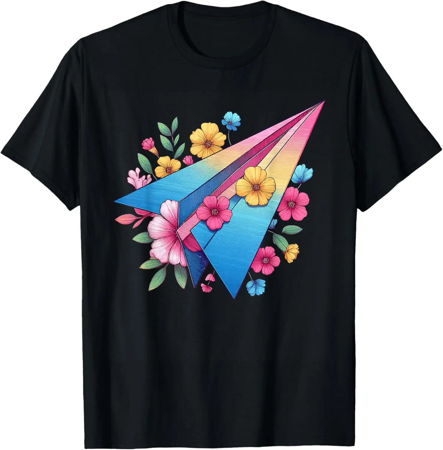 Women's 100% Cotton Round Neck Short-Sleeve Streetwear T-Shirt - Distressed Floral Paper Airplane Print, Everyday Top for Paper Plane Enthusiasts