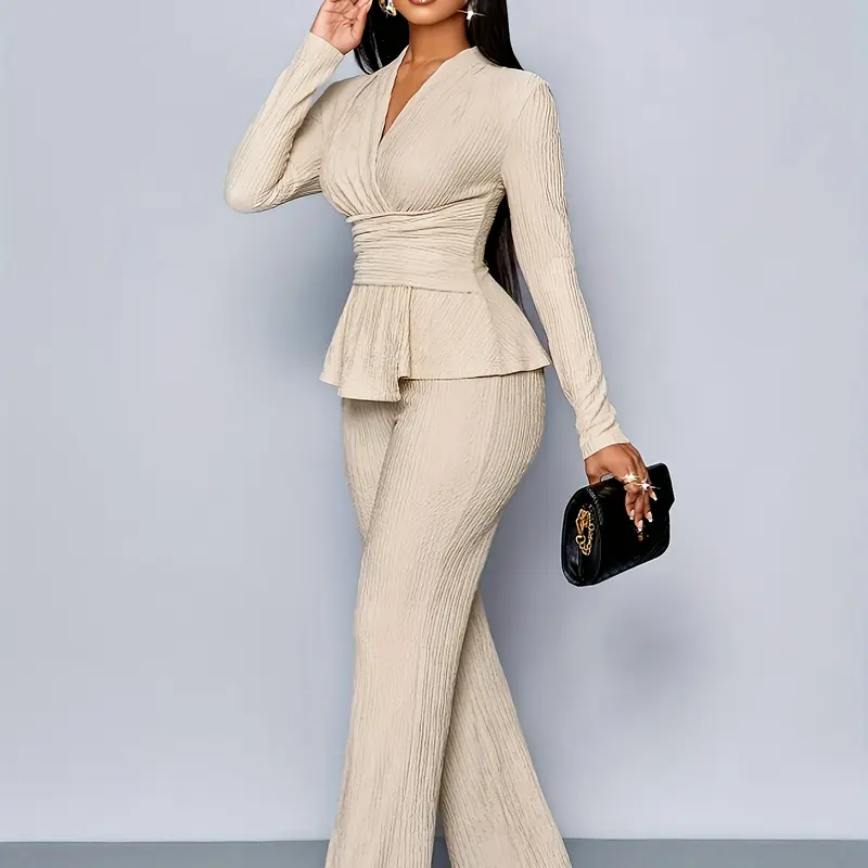 【Black Friday】Women's Apricot Two-Piece Outfit with V-Neck Long-Sleeve Asymmetrical-Hem Top and Wide-Leg Pants, Casual Everyday Wear