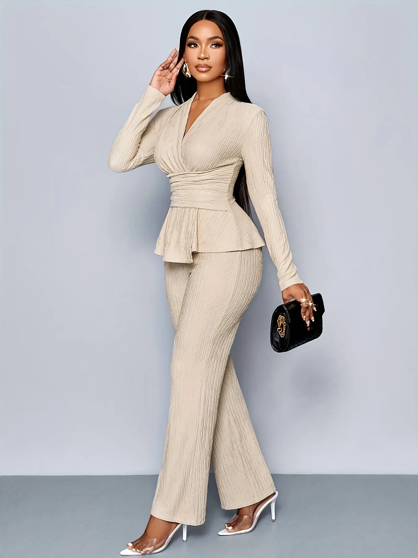 Women's Apricot Color Elegant V Neck Long Sleeve T-Shirt And Wide Leg Pants Two Piece Set, Asymmetrical Hem Two-Piece Outfits, Casual Daily Wear