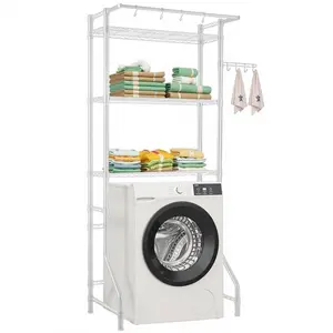 Over Washer and Dryer Storage Shelf, 3 Tiers Laundry Room Drying Rack with Hanger Rod and Hooks, Single Row Adjustable Washer Shelves Space Saver, for Laundry Room Storage & Organization, White