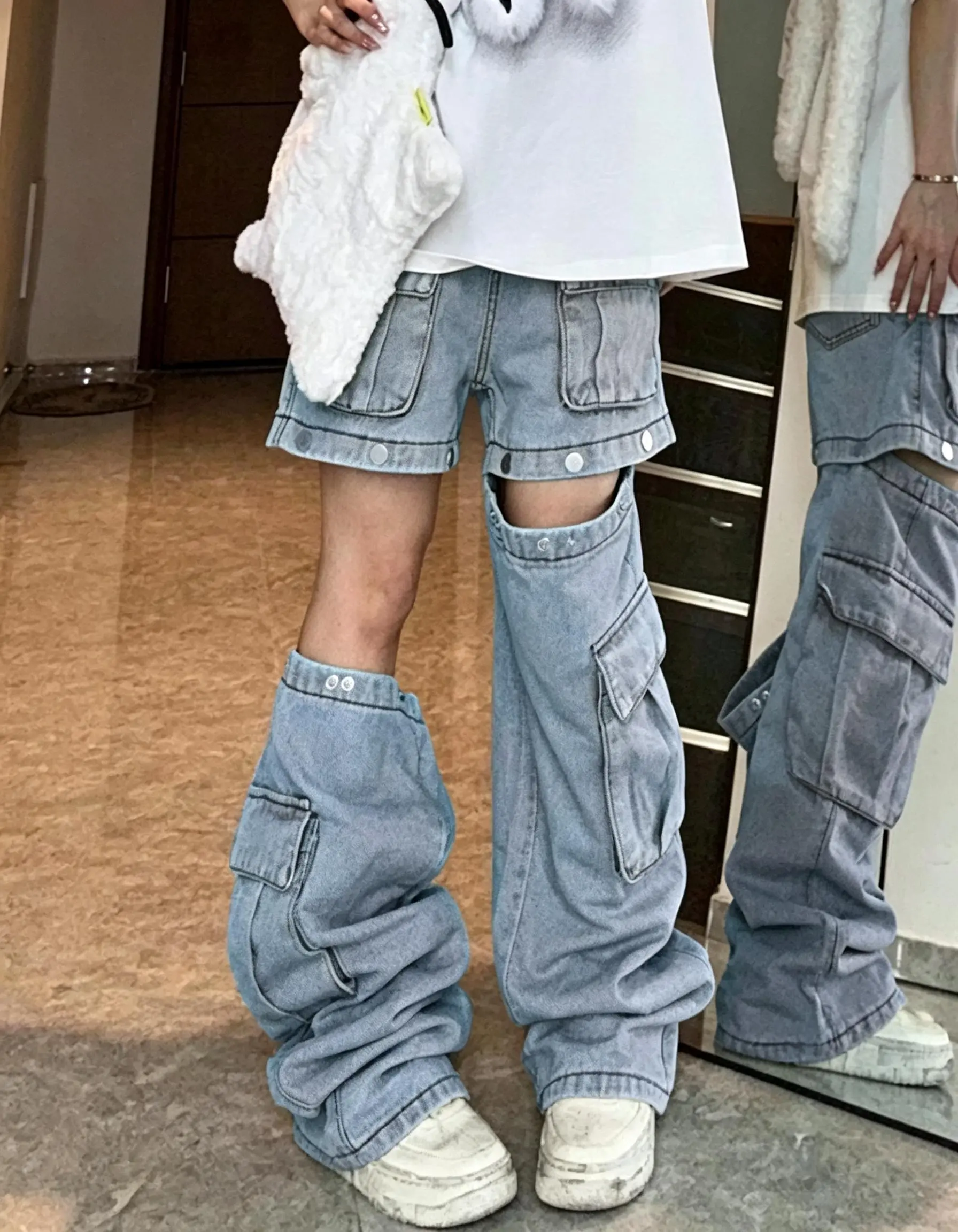 Snap Off Detachable Cargo Jeans Women Light Wash Baggy Wide Leg Convertible Shorts Y2K Grunge Street Utility Denim Pants