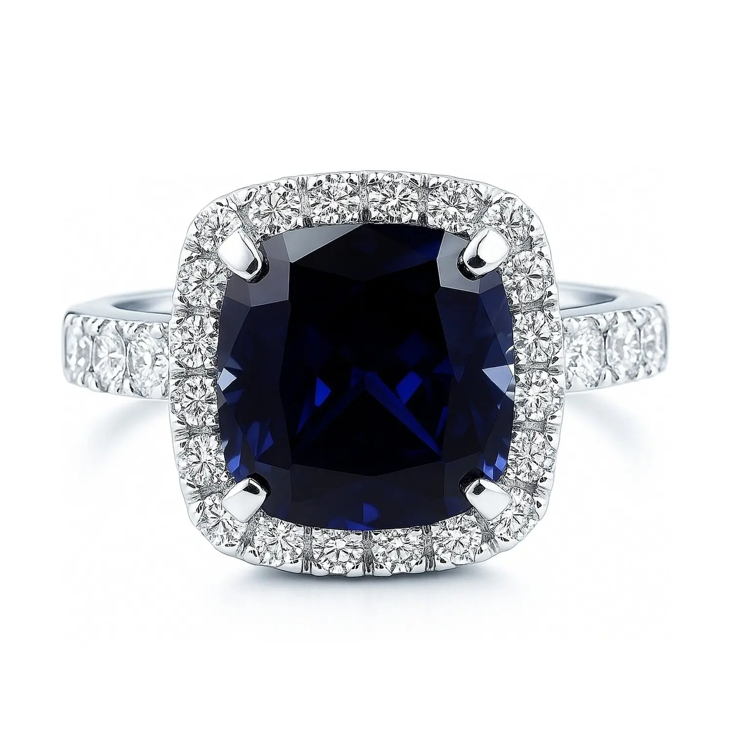 BERRICLE Sterling Silver Halo Statement Cocktail Ring for Women, Sapphire-Blue Cushion Cut Cubic Zirconia CZ