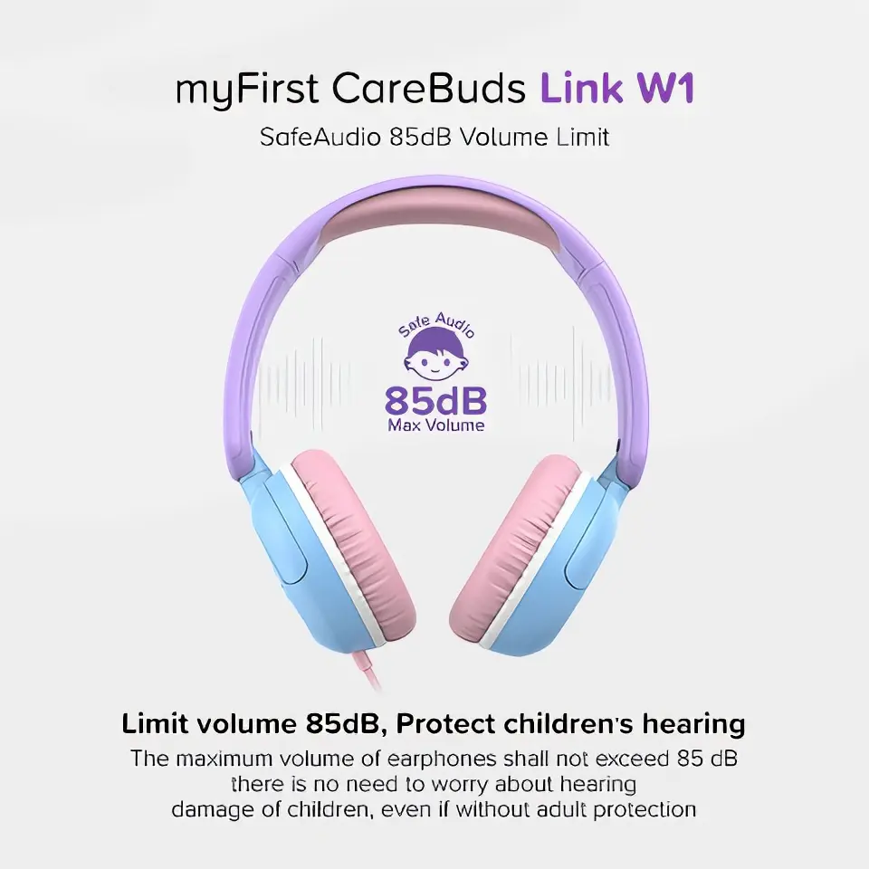 myFirst CareBuds Link W1 Kids Wired Headphones with Microphone, 85dB Safe Volume Limited Over Ear Headphones, Foldable Lightweight School Headset with 3.5mm Audio Jack for Tablet, Laptop, Chromebook, PC & iPad Device Protection
