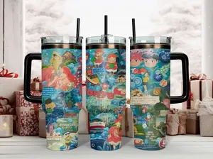 Studio Ghibli Ponyo on the Cliff by the Sea Cinematic Collage Tumbler - 40oz Insulated Stainless Steel Travel Mug with Handle & Straw - Featuring Ponyo, Sosuke, Ocean Magic & Ramen Scenes for Miyazaki Anime Fans