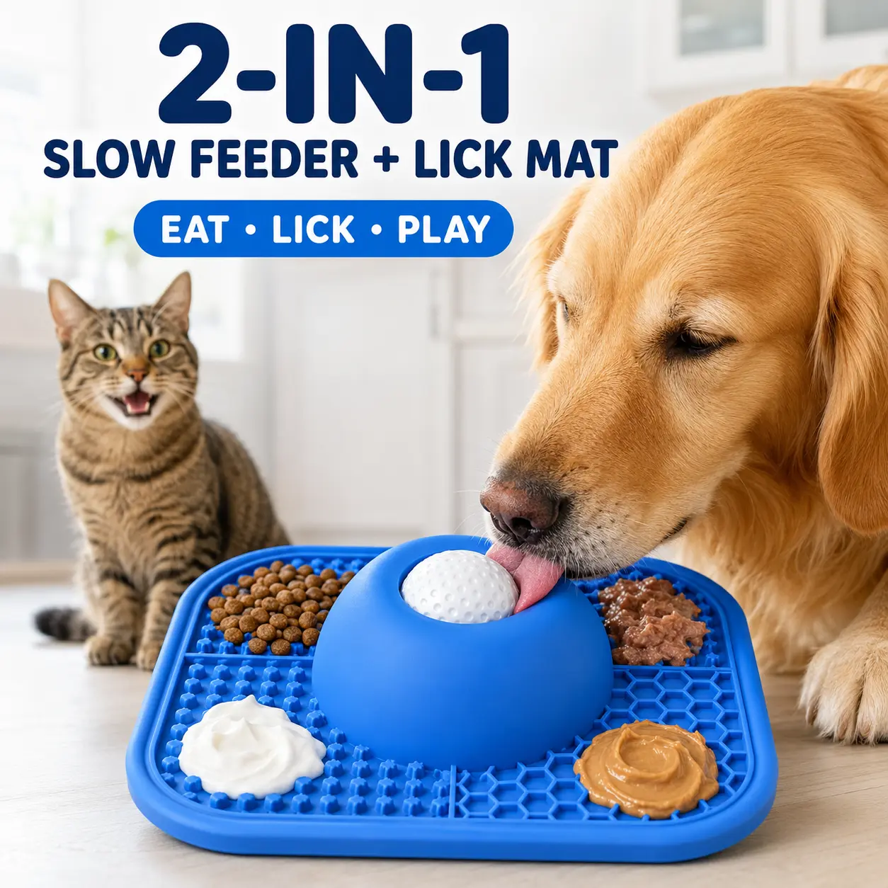 Slow Feeder Dog Bowl with Lick Mat, Silicone Dog Lick Bowl with Suction Base & Interactive Treat Ball for Peanut Butter, Yogurt, Bone Broth, Wet Food, Dogs Puppies Cats