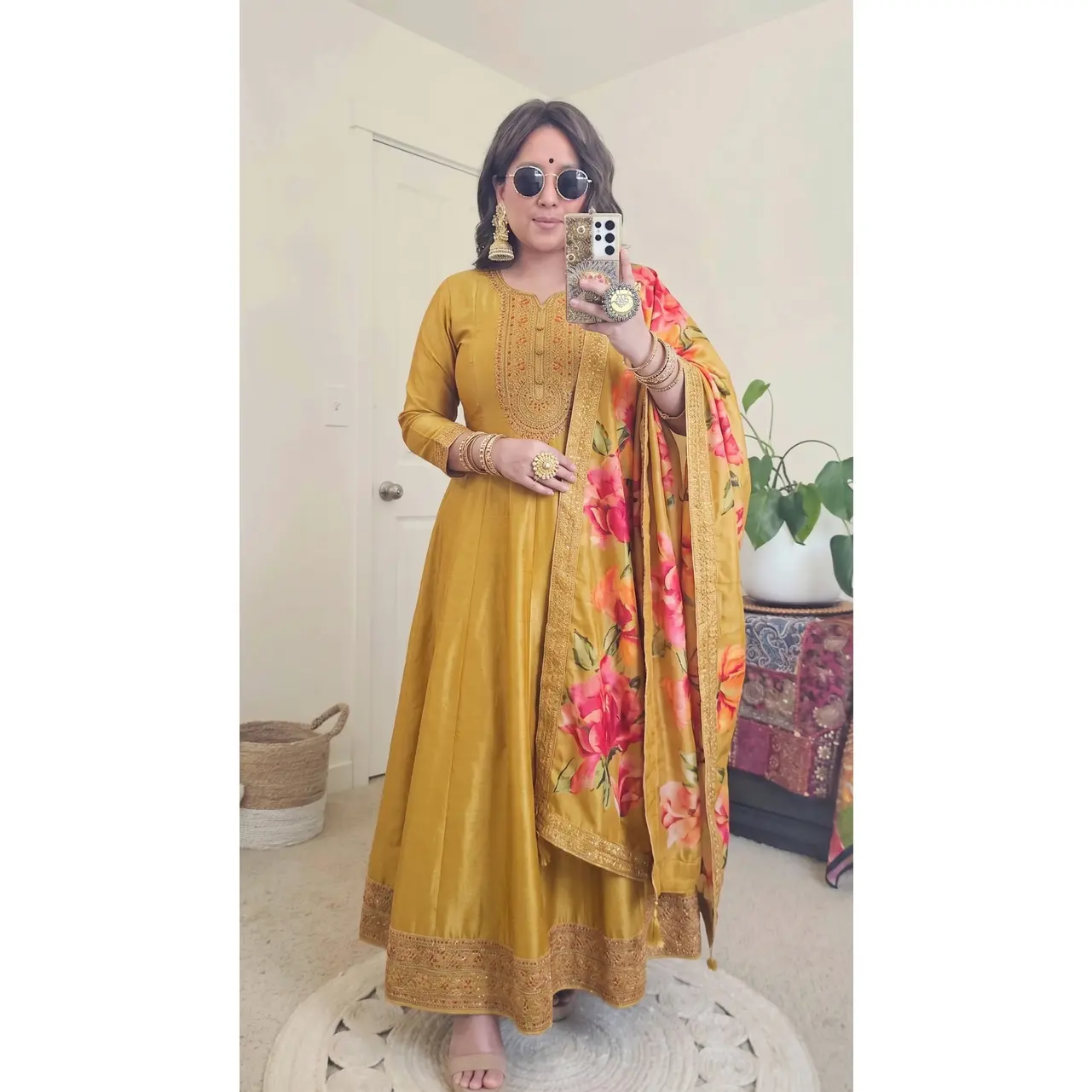 Women's 2-Piece Vichitra Silk Anarkali Kurta Dress Set - Flower-Printed, Embroidered Long Partywear, Dupatta Included, Plus Size Affordable Desi Ethnic Outfit That Glows Like Sunshine, Flowers