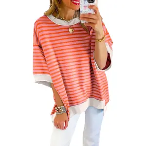 Womens Tops Casual Short Sleeve Sweatshirt Crewneck Striped Shirt Pullover T Shirts Loose BlousesGift