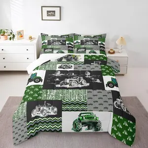 Tractor Bedding Set,Equipment Trucks Comforter,Farmhouse Harvester Down Comforter,Car Bedroom Decor Green Vehicle Quilt Checkerboard Pattern Blanket Food Themed Blanket