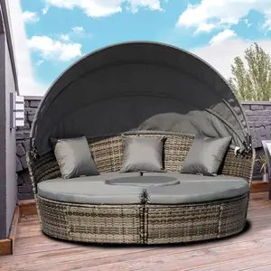 4-Piece Round Convertible Daybed with Cushions, Outdoor PE Rattan Patio Wicker Sofa Set, Sunbed with Adjustable Sun Canopy, Sectional Sofa, 2 Chairs, Table, 3 Pillows, Dark Gray