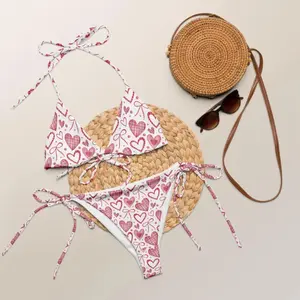 Women Bikini Set Pink Heart Bow Print Cute Coquette Swimsuit Summer Beach Vacation Tie Side Triangle Top Bathing Suit Pool Party Valentine Aesthetic Swimwear Gift Her