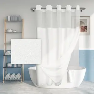 Long No Hook Slub Textured Shower Curtain with Snap-in PEVA Liner Set - 71" x 80"(78"), Hotel Style with See Through Top Window, Fabric Curtain & Waterproof Liner, White, 71x80