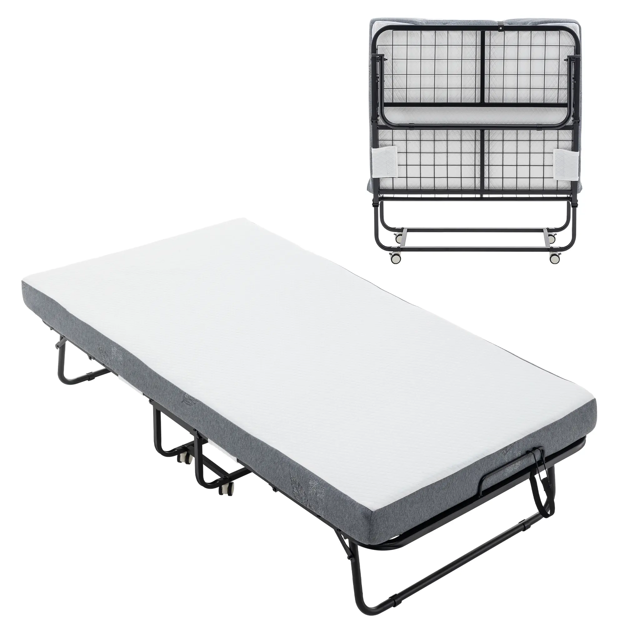 High-End Framed Adult Folding Cot Bed - Steel & Foam Construction, Memory Foam Mattress, Storage Cover, Locking Wheels, Tool-Free Setup, 350 lbs Capacity, 75x38" (50 – 100 Cm Range), 38"l x 12.8"w x 45.2"h Indoor Guest Bed for Office Use