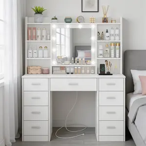 Morden White Vanity Desk Set with Mirror & 12 LED Lights Makeup Desk with Power Outlet and 9 Drawers Vanity  Table for Bedroom
