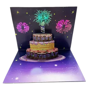 Happy Birthday Cards Fireworks, Lights, Music and Sound Fireworks Cake 3D Pop Up Birthday Cards Gift with Envelope and Note Tag for Women, Men, Kids, Wife, Mom, Husband