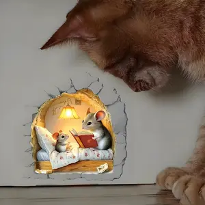 Humorous 3D Mouse Hole Wall Sticker, Waterproof Peelable Wallpaper, Fun Mouse and Book Illustrations, Animal Theme Home Decor, Wall Art Stickers