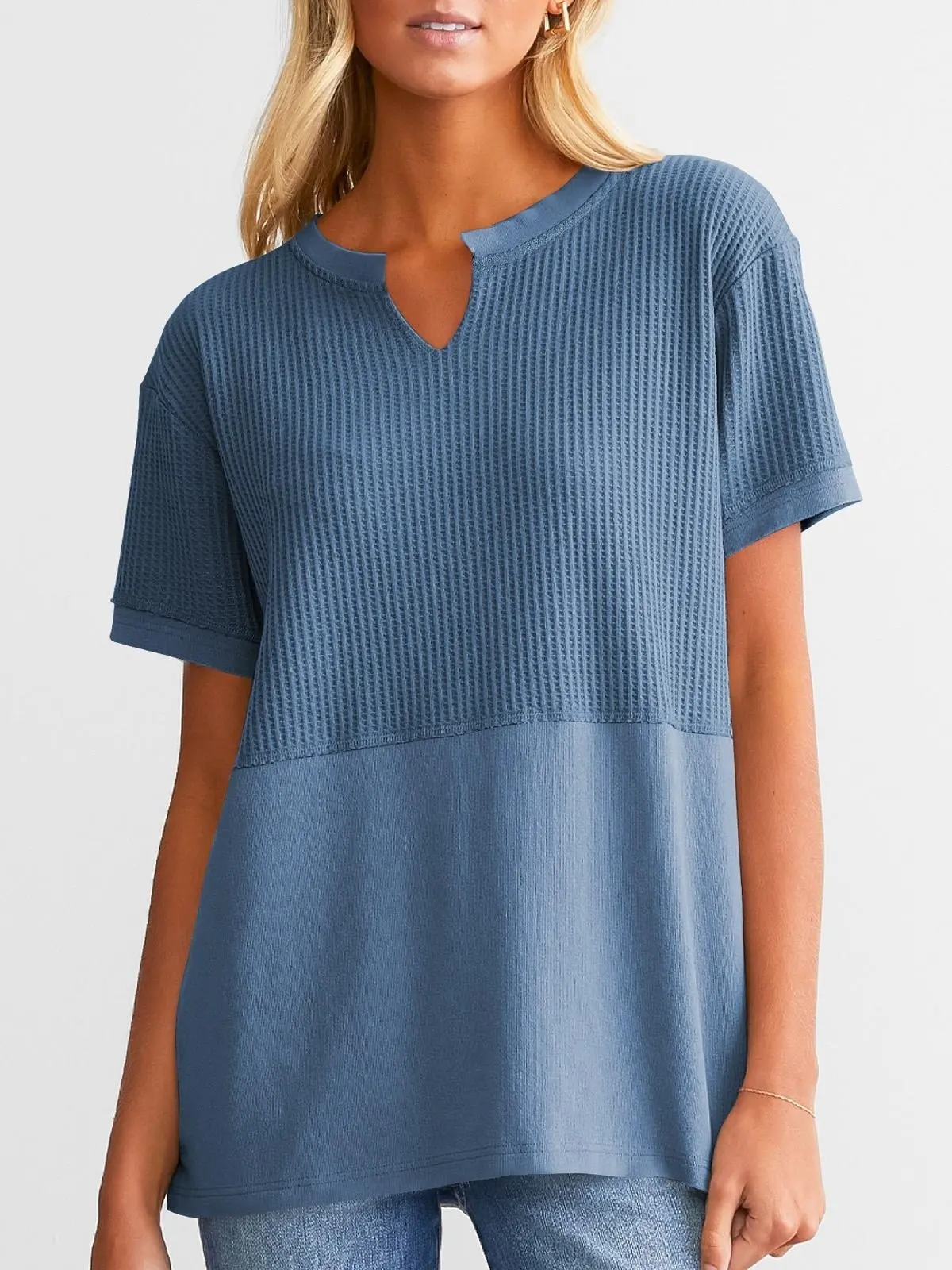 Shewin Women's Waffle Knit Beach Tee - Casual V-Neck Short Sleeve Loose Polyester Clothing Top, Essential Knitwear for Beach, Dating Outfits,sohochic