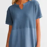 Shewin Women's Waffle Knit Beach Tee - Casual V-Neck Short Sleeve Loose Polyester Clothing Top, Essential Knitwear for Beach, Dating Outfits,sohochic