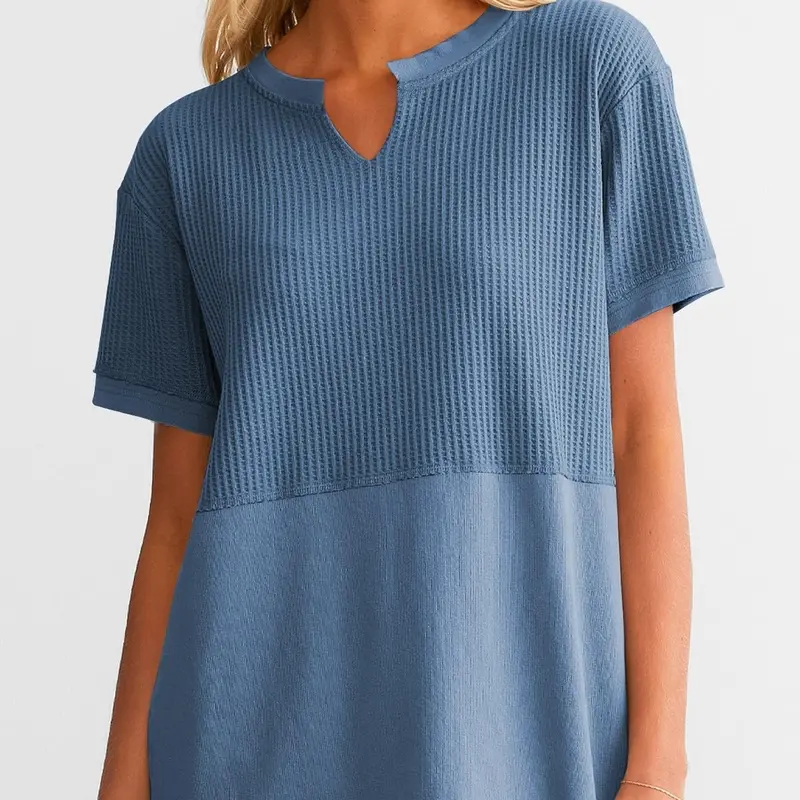 Shewin Women's Waffle Knit Beach Tee - Casual V-Neck Short Sleeve Loose Polyester Clothing Top, Essential Knitwear for Beach, Dating Outfits,sohochic