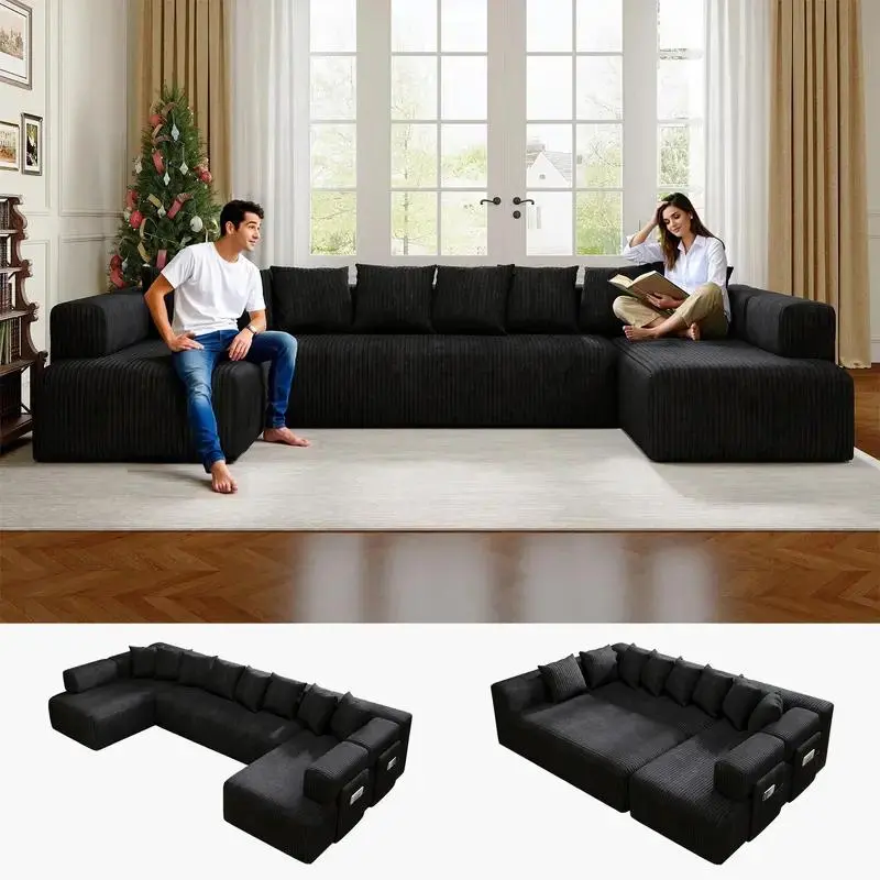 CIDO Minimalist U-Shape Modular Sectional Couch - 146.5in Soft Sink-In Corduroy Sleeper Sofa, No-Assembly Compressed Packaging for Small Space Bedroom