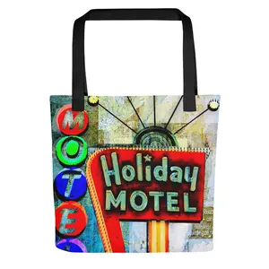 Holiday Motel Route 66 Series Tote Bag 100% Spun Polyester 15"x15" 2.6 US gal Capacity Dual Cotton Handles 44lbs Limit Spacious Trendy