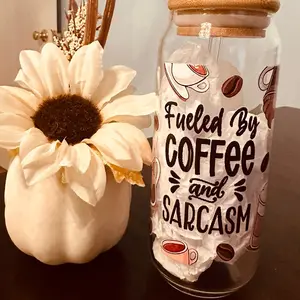 16oz Libby Glass “Fueled by Coffee and Sarcasm “ with glass straw