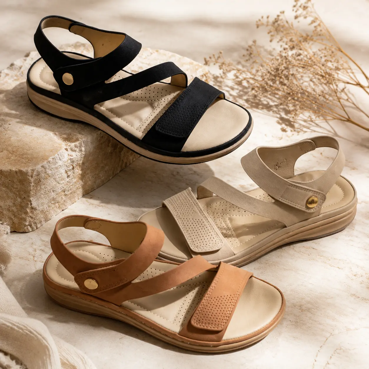 Women's Casual Arch Support Sandals Comfortable Non-Slip Beach Shoes with Hook & Loop Straps