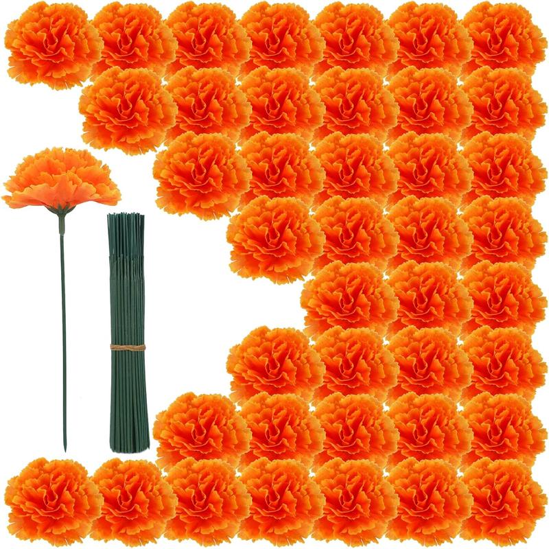 100 count Marigold Flower Heads with Stems  Artificial Cempasuchil  for Dia de Los Muertos Altar, Day of The  Decorations, Halloween, Mexican Party, DIY Garland & Wreath DecorOrange